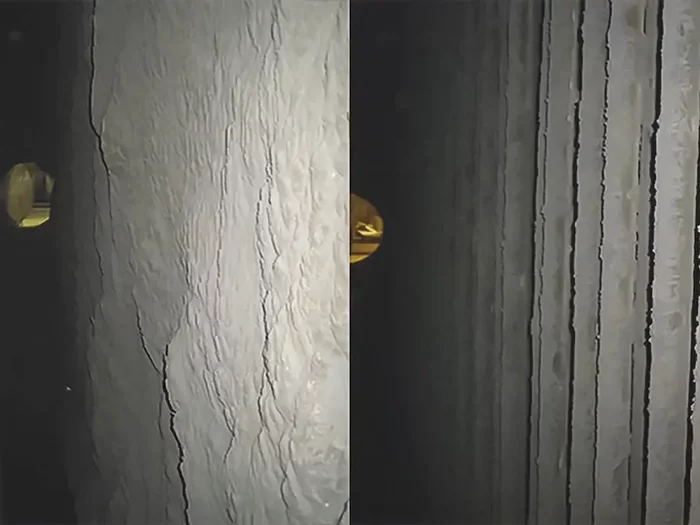 Vergleich nach 6 Monaten: Abreinigung mit Fallhammer (links) und mit NHK (rechts)